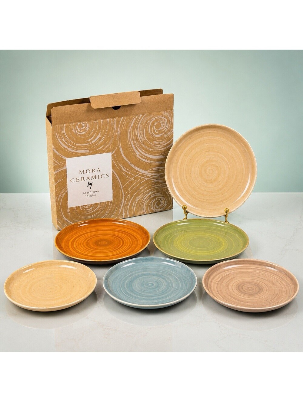 NIB Mora Ceramics Set Of 6 Dinner Plates Helix Swirl Earth Colors Porcelain, 10"